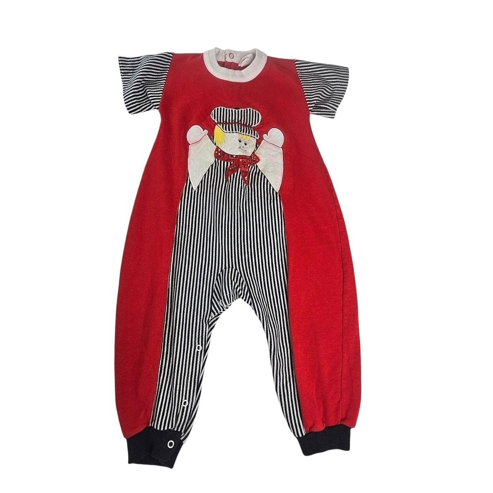 VTG Buster Brown Snowman Romper Red Striped Christmas Jumpsuit 24 Months